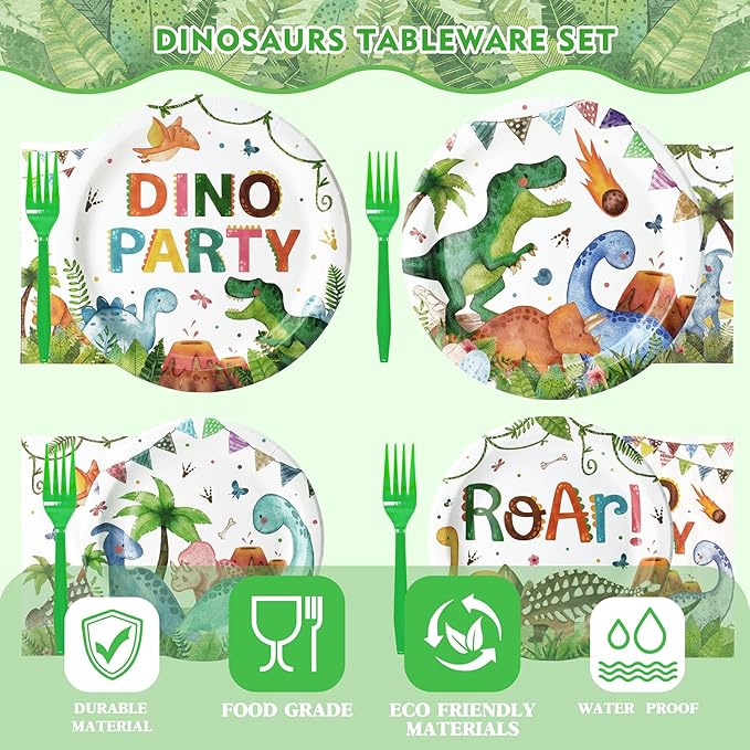 96 Pcs Dinosaur Plates and Napkins Tableware Set Serves 24 Dinosaur