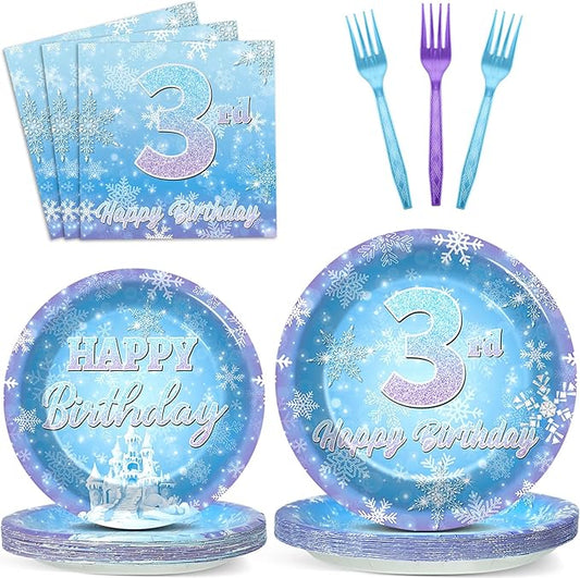 Snowflake Winter Wonderland 3rd Birthday Paper Plates Napkins Forks