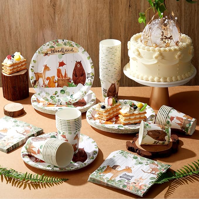 200 Pcs Woodland Baby Shower Paper Plates Cups Napkins Woodland