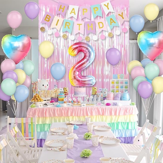 2nd Birthday Decorations Rainbow Gradient Number 2nd Balloon Pastel