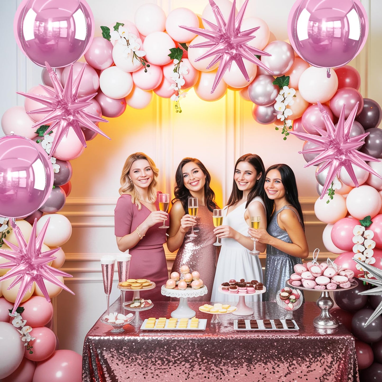 6Pcs Pink Foil Balloons,22Inch Metallic Pink 4D Round Ball Balloon and