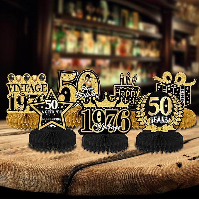 50th Birthday Decorations for Men - 9Pcs Black Gold 50th Birthday