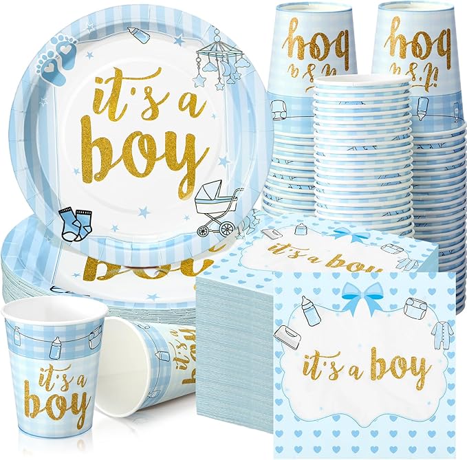 200 Pcs Blue Baby Shower Paper Plates Napkins Cups Boy Baby Shower