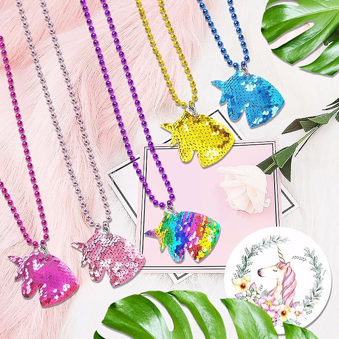 15 Pack Unicorn Sequin Necklace Party Favors with Mardi Gras Beads