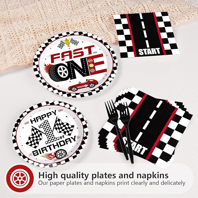 96 Pcs Fast One Birthday Decorations Race Car 1st Birthday Plates