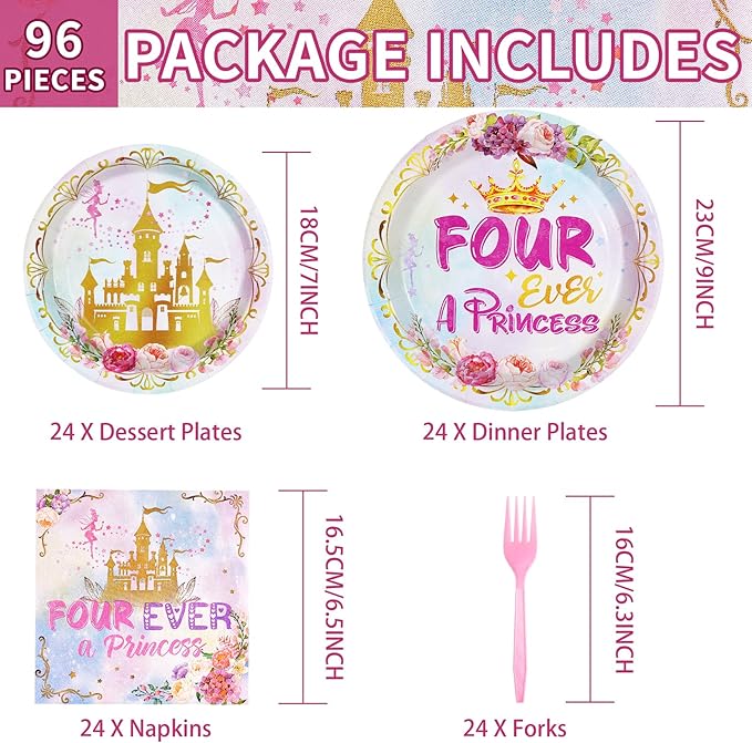 96 Pcs Princess Birthday Party Supplies 350 GSM Four Ever a Princess