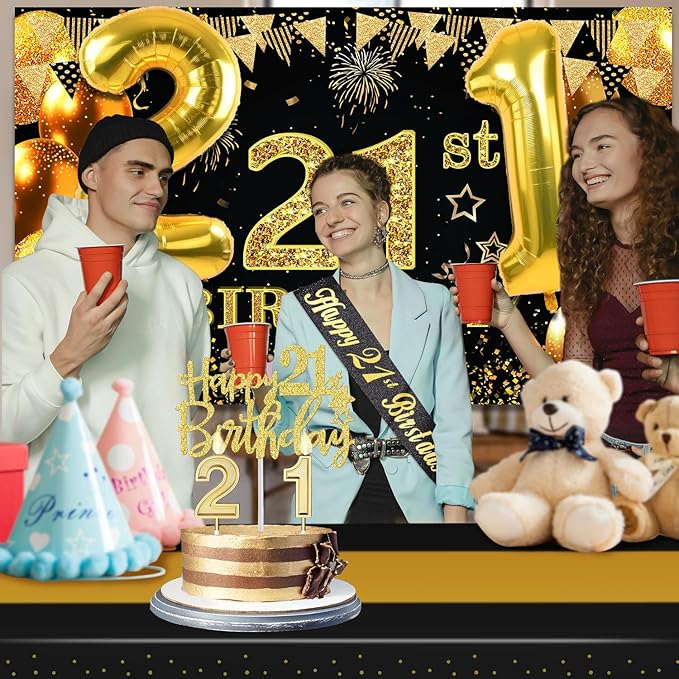 21st Birthday Decorations for Him Her with Banner Black and Gold