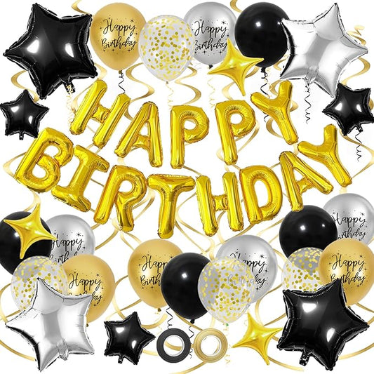 Black Gold Birthday Decorations, 3D Foil Happy Birthday Balloon