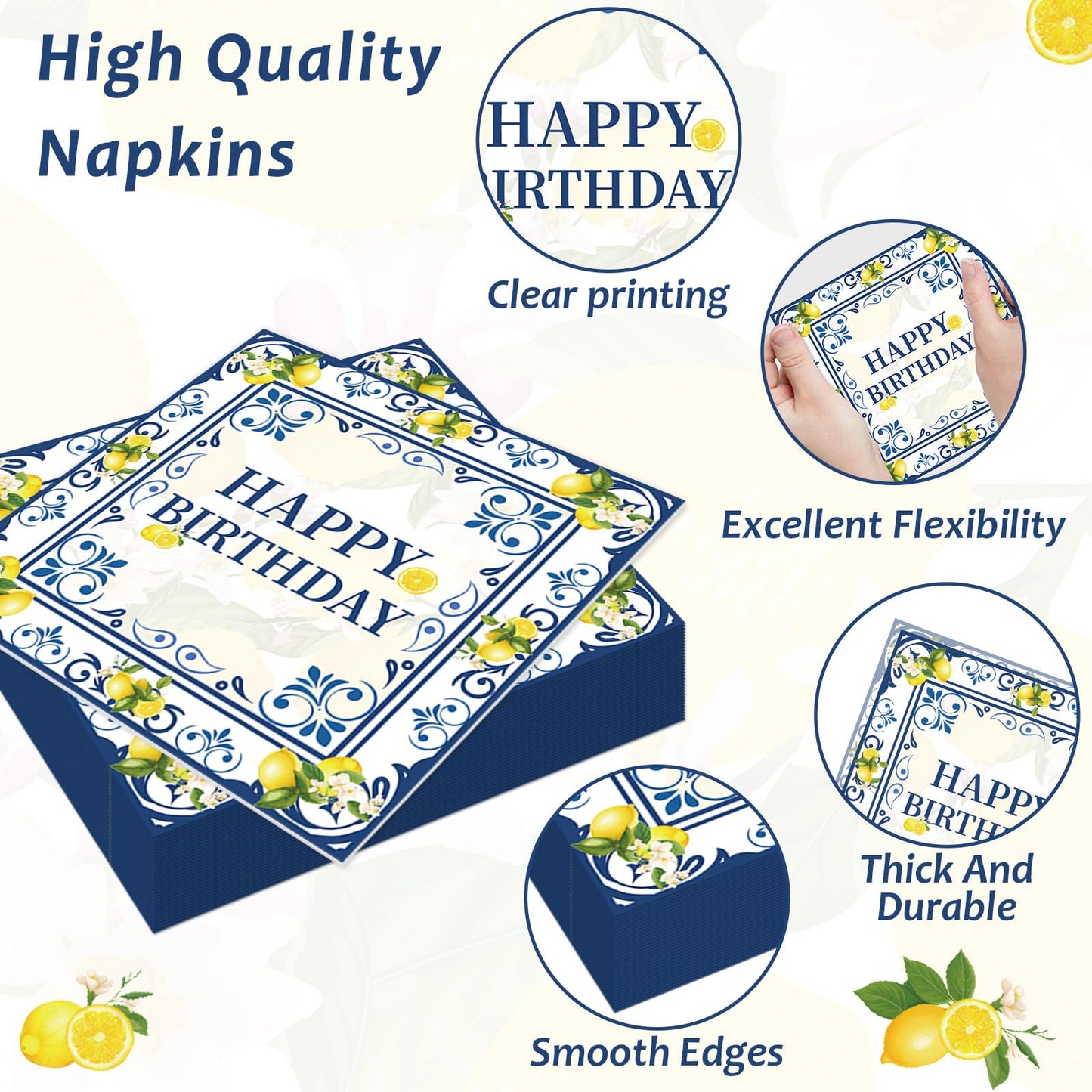 96PCS Lemon Party Paper Plates and Napkins Blue Tiles Yellow Lemon
