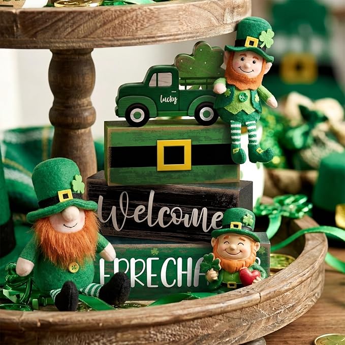 4 Pcs St Patricks Day Table Decor Leprechaun Wooden Stacked Blocks