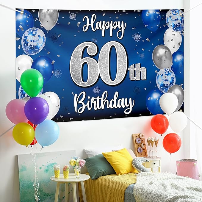 Happy 60th Birthday Decorations 60th Blue & Silver Balloon Large