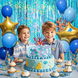 4 Packs Blue Foil Fringe Curtain, Light Blue Glitter Metallic Tinsel