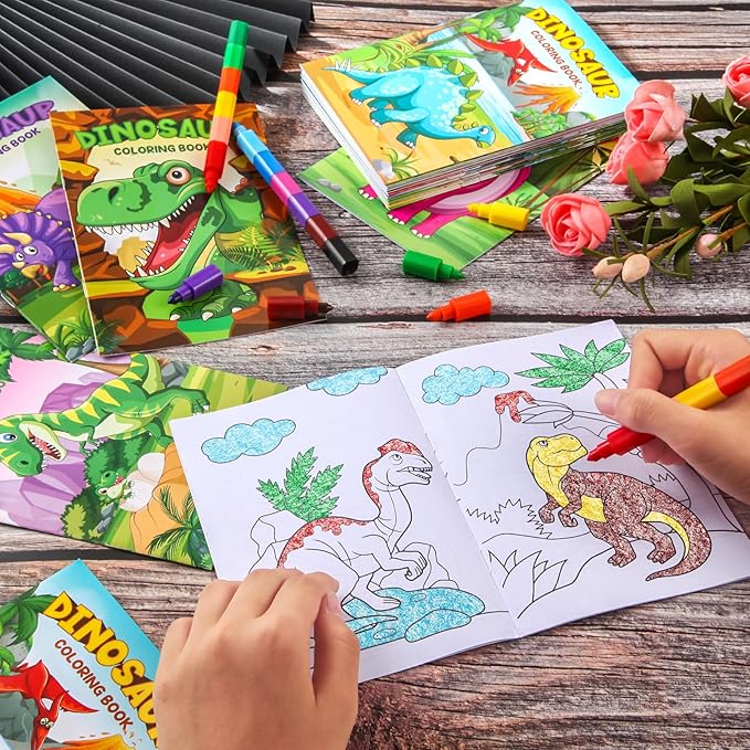 12 Dinosaur Mini Coloring Books Kids with 12 Stacking Crayons Dino