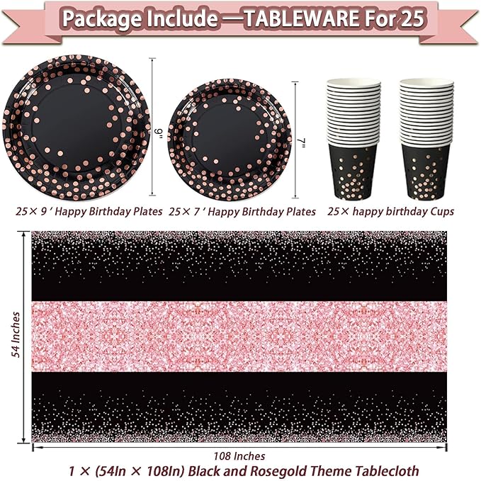 295 Pcs Black And Rose Gold Birthday Decorations Birthday