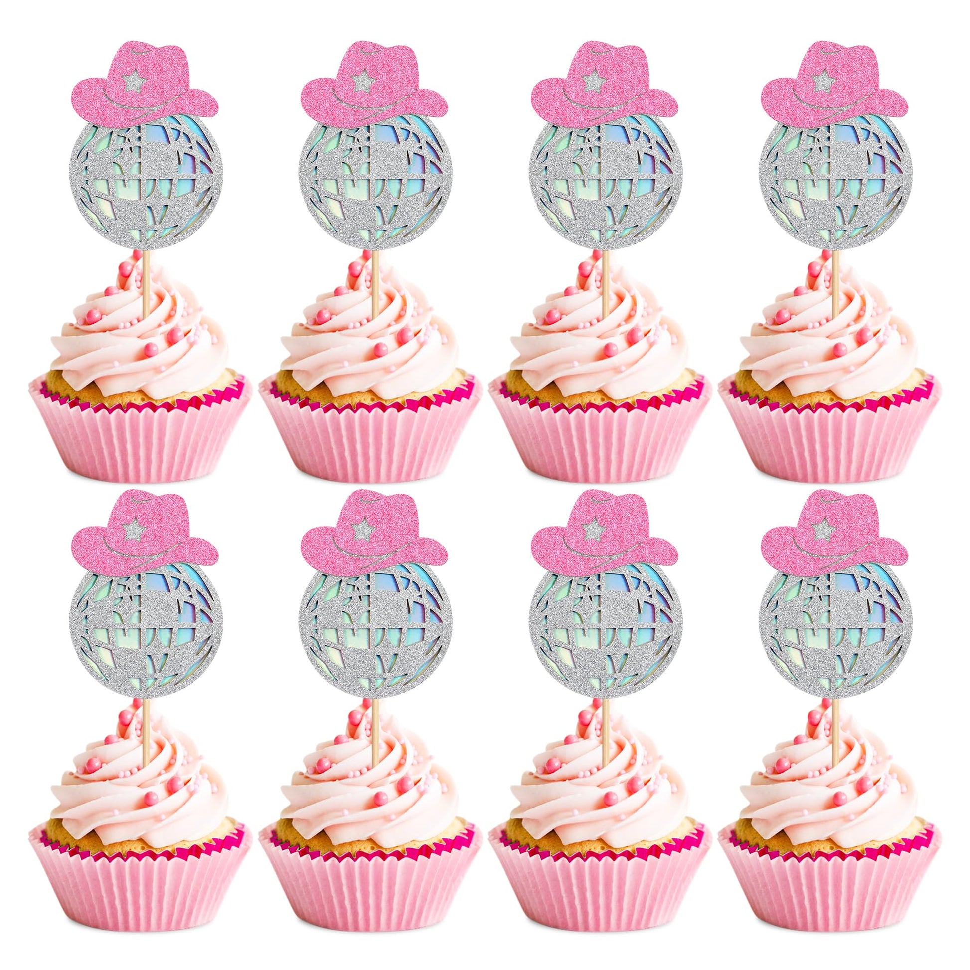 Cyodoos 24 Sparkling Disco Ball Cowboy Hat Cupcake Topper Western