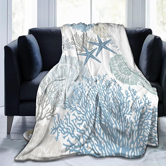 Nautical Coastal Blanket Starfish Seashell Coral Beach Themed Throw