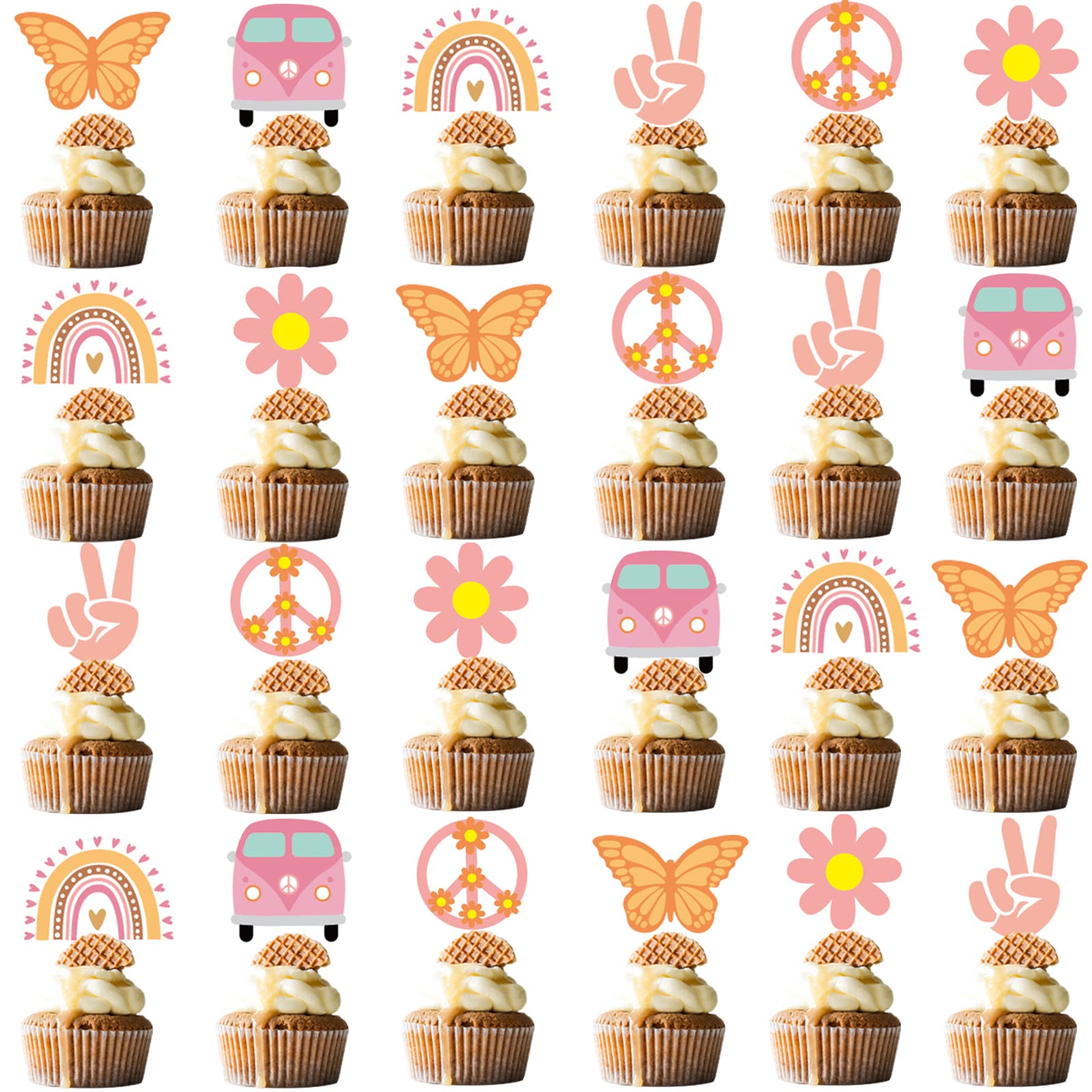 48Pcs Hippie Party Cupcake Toppers for Two Groovy Birthday Party
