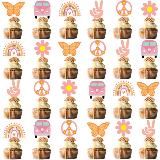 48Pcs Hippie Party Cupcake Toppers for Two Groovy Birthday Party