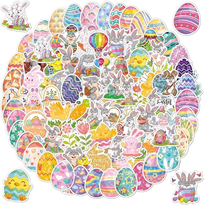 100 Pcs Printed Easter Eggs 2.3 + 100 Easter Stickers Bright Colors
