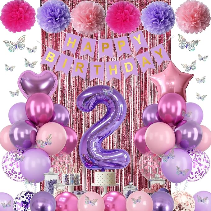 Pink Purple 2nd Birthday Party Decorations for Girls Number 2