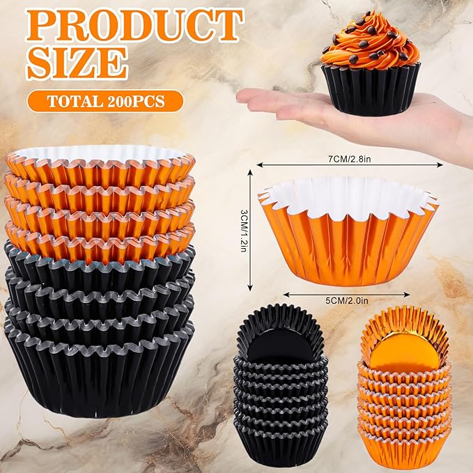 JarThenaAMCS 200Pcs Halloween Cupcake Liners Black Orange Foil