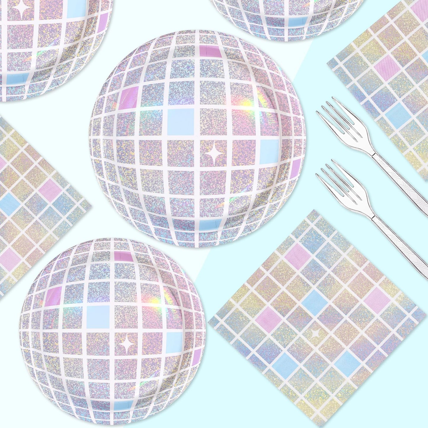 96Pcs Disco Party Supplies Pink Pastel Silver Disco Ball Plates and