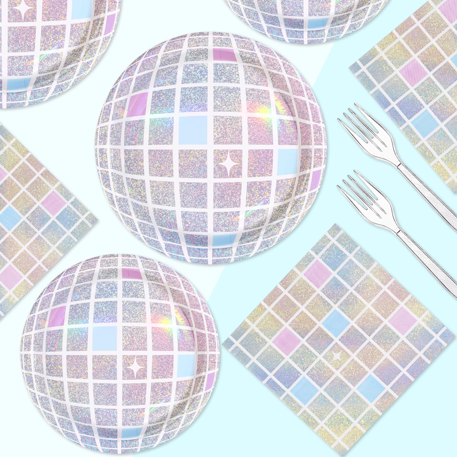 96Pcs Disco Party Supplies Pink Pastel Silver Disco Ball Plates and