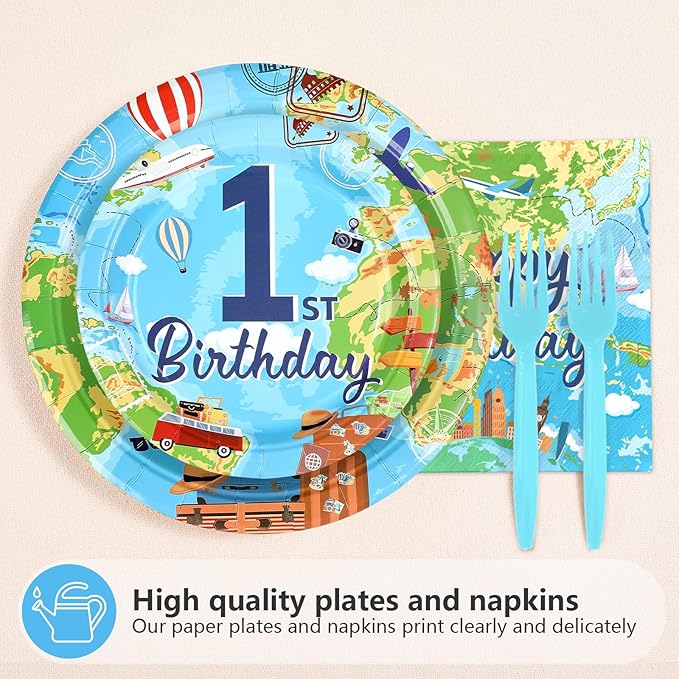 96Pcs Travel Theme 1st Birthday Party Supplies Adventure Awaits