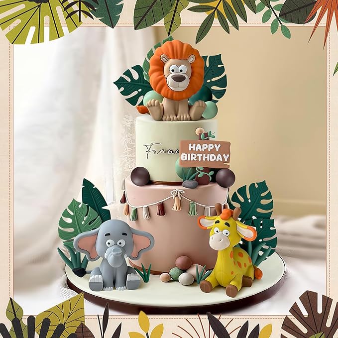 19pcs Safari Animal Cake Topper Jungle Wild Cake Toppers with Leaves