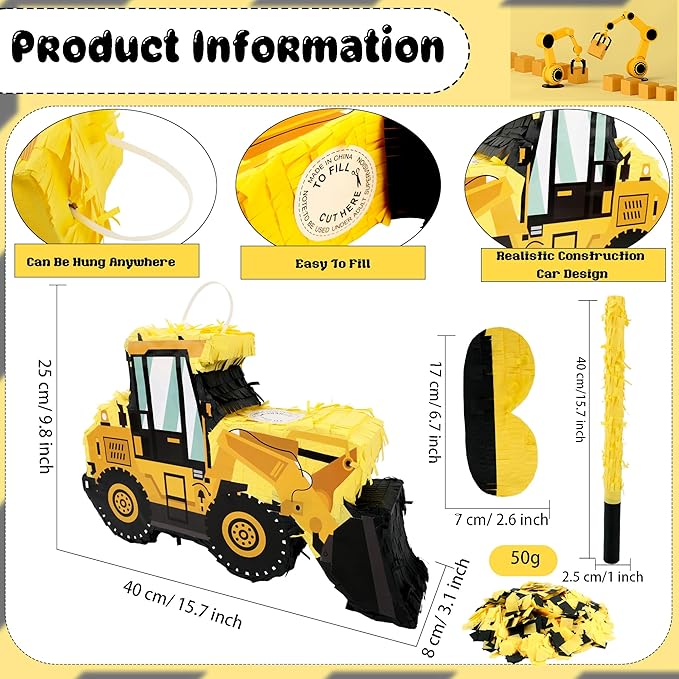 Construction Dump Truck Pinata with Pinata Bat Blindfold Confetti