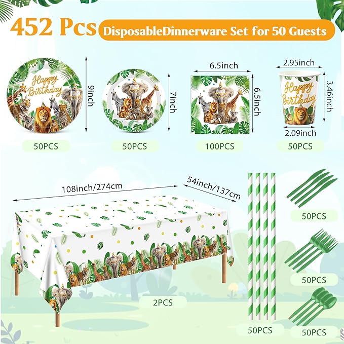 452 Pcs Safari Birthday Party Decorations for 50 Guests Jungle