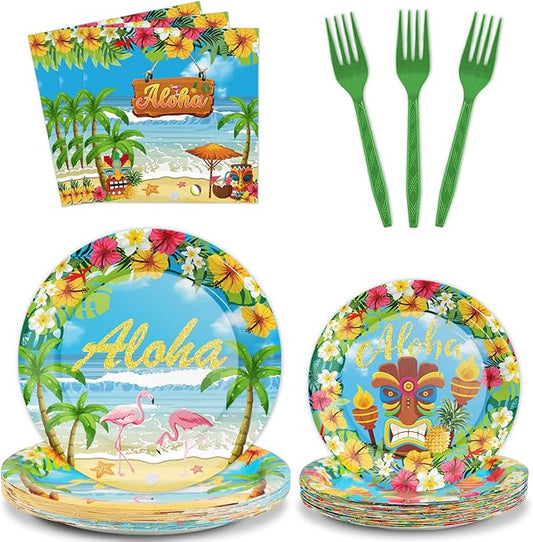 96PCS Hawaiian Aloha Tableware Set Luau Tropical Dinnerware