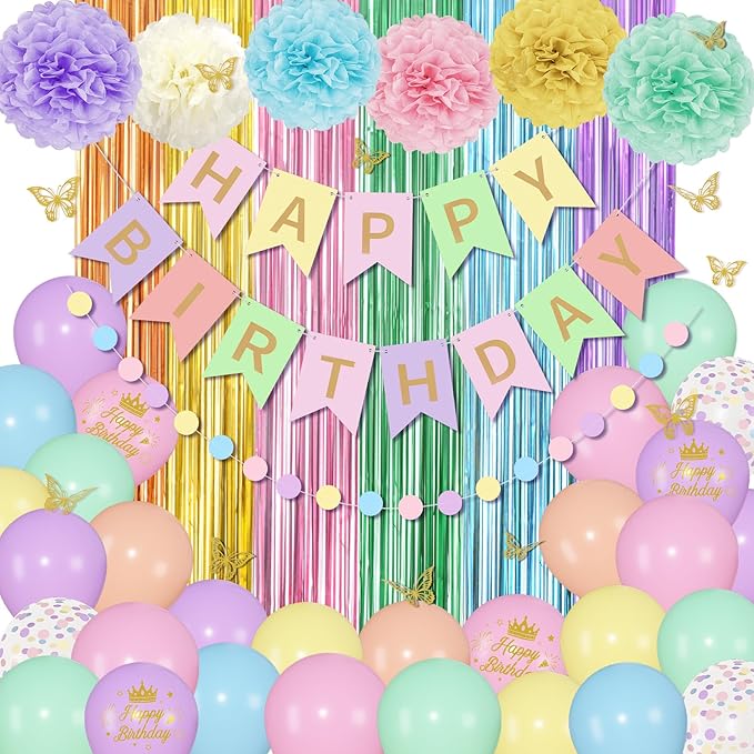 Pastel Birthday Decorations for Women Girls, Rainbow Colorful Printed