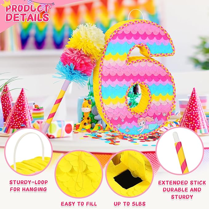 Number 6 Pinata for Birthday Party Decorations Unicorn Mermaid Theme