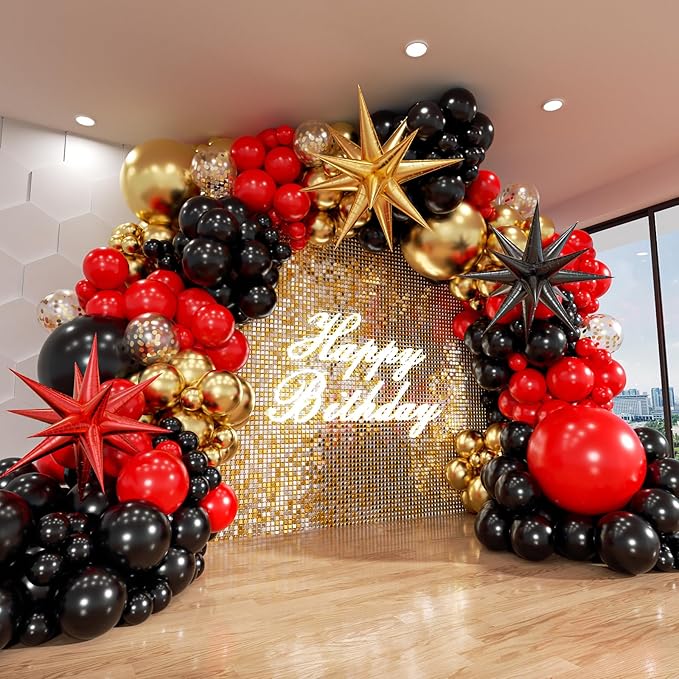 Red and Black Gold Balloon Arch Kit, 140Pcs Explosion Star Black and