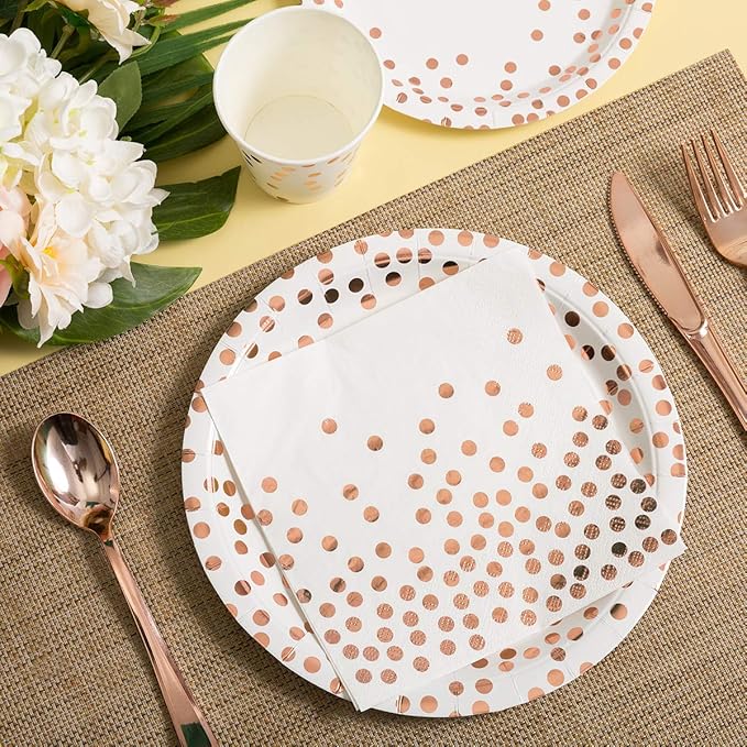 HOMIX 175 Pieces Rose Gold Party Supplies - Rose Gold Dot on White