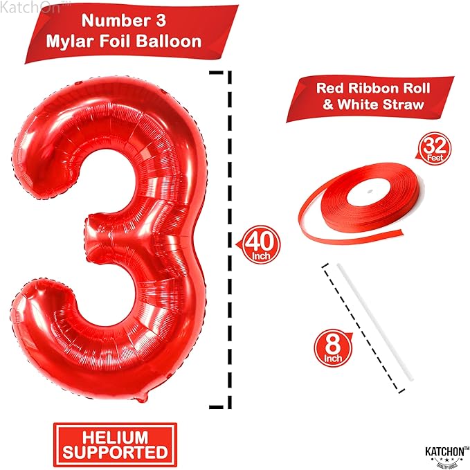 KatchOn, Giant Red Number 3 Balloon - 40 Inch | Red Foil Number 3