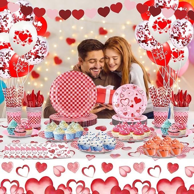 146Pcs Valentine's Day Party Tableware Set Red Heart Love Disposable