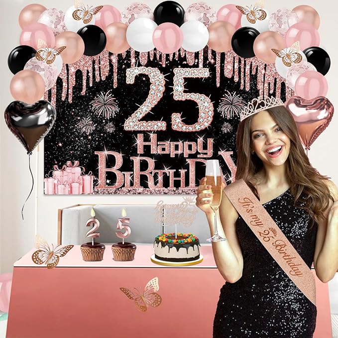 25th Birthday Decorations for Women 49pcs Black Rose Gold Black