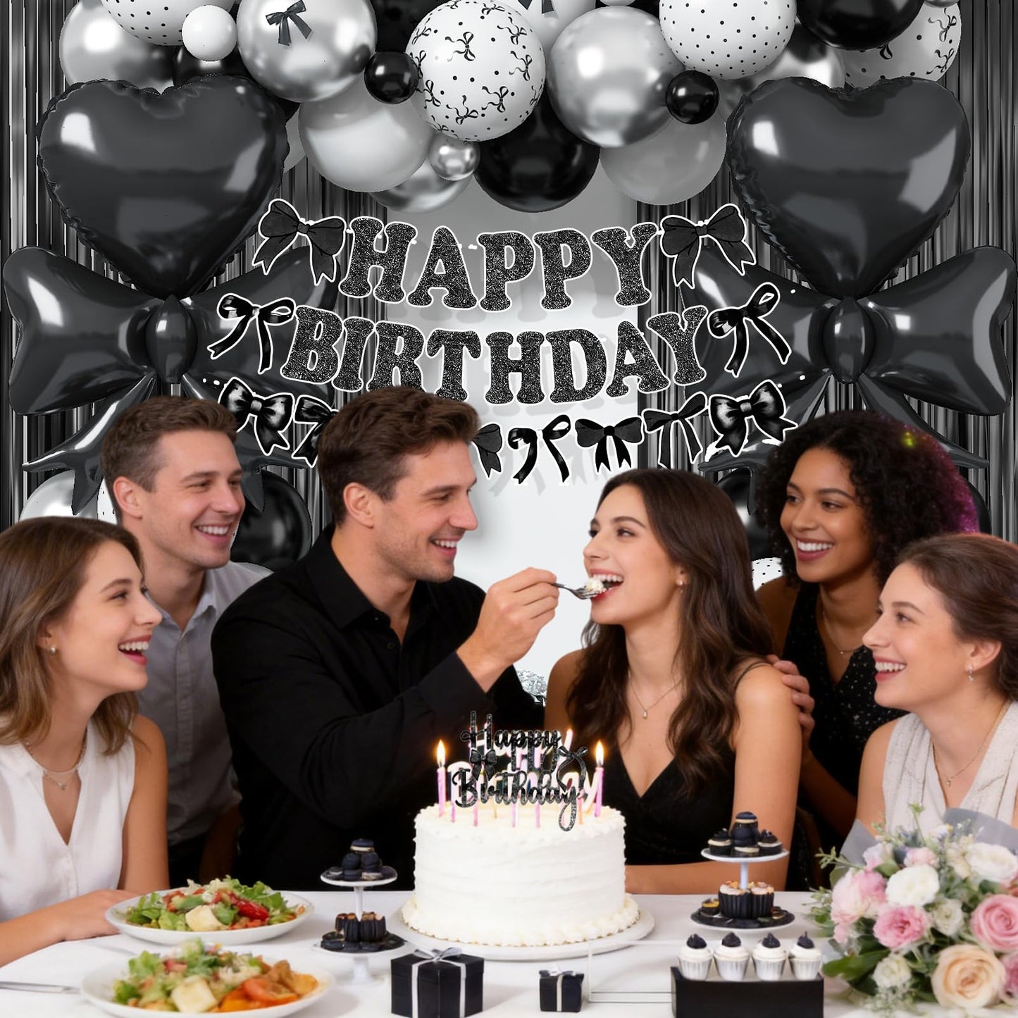 Black Bow Birthday Party Decorations, Coquette Bow Black and White