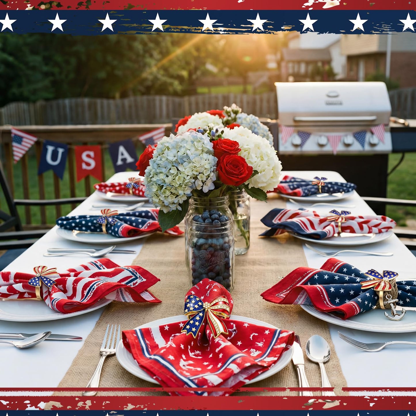 Geiserailie 6 Pieces Patriotic Napkin Rings 4th of July Bow Napkin
