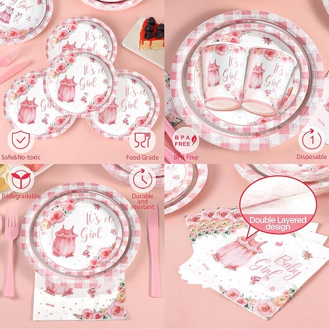 168Pcs Baby Shower Decorations for Girl, Pink Floral Baby Shower