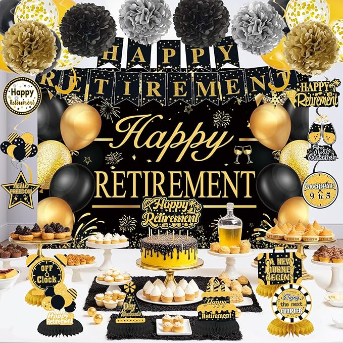 Retirement Party Decorations for Men Women Black Gold Happy