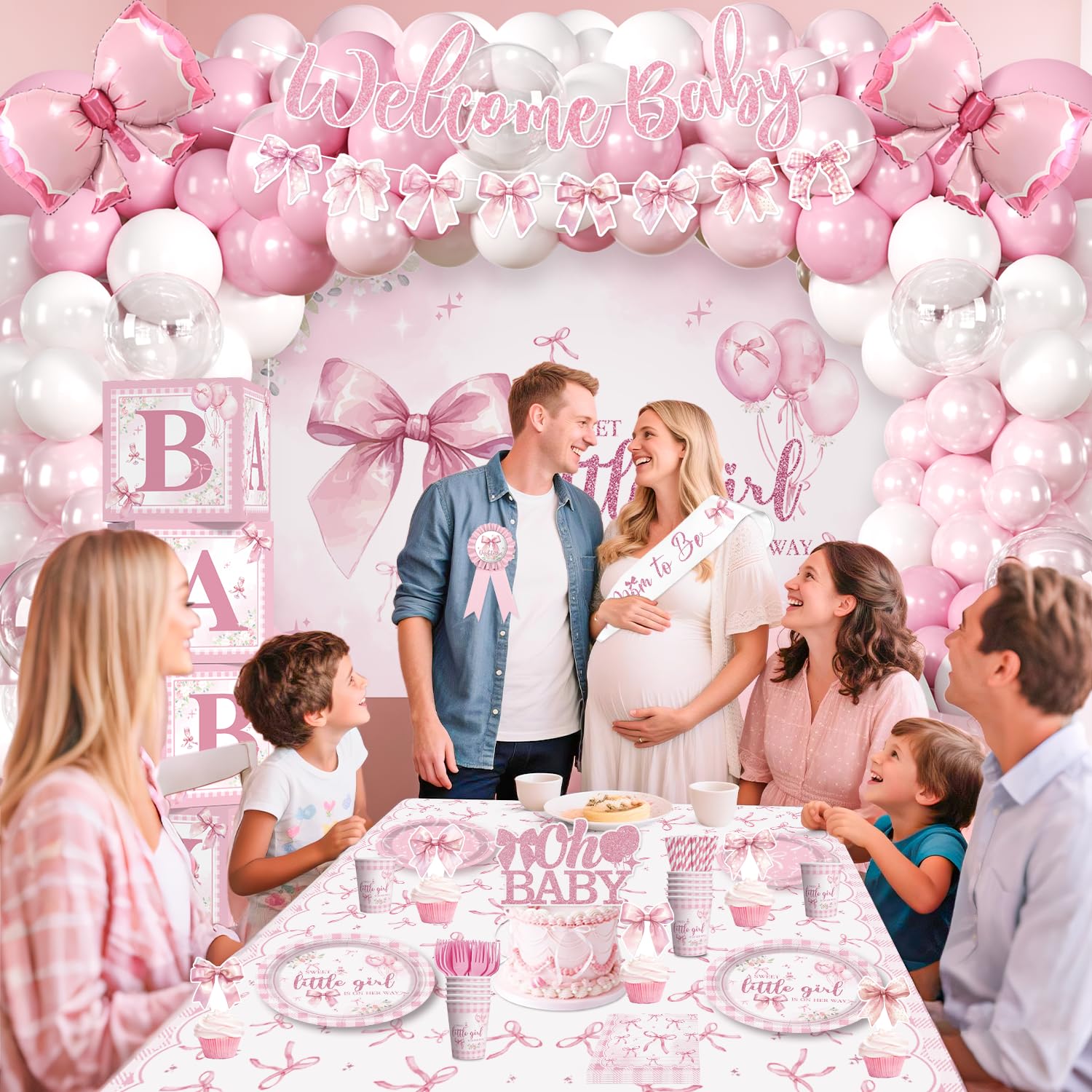 cocomigo 274 Pcs Pink Bow Baby Shower Decorations, All-in-One Party