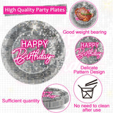 96PCS Silver Sequins Pink Neon Birthday Paper Plates and Napkins