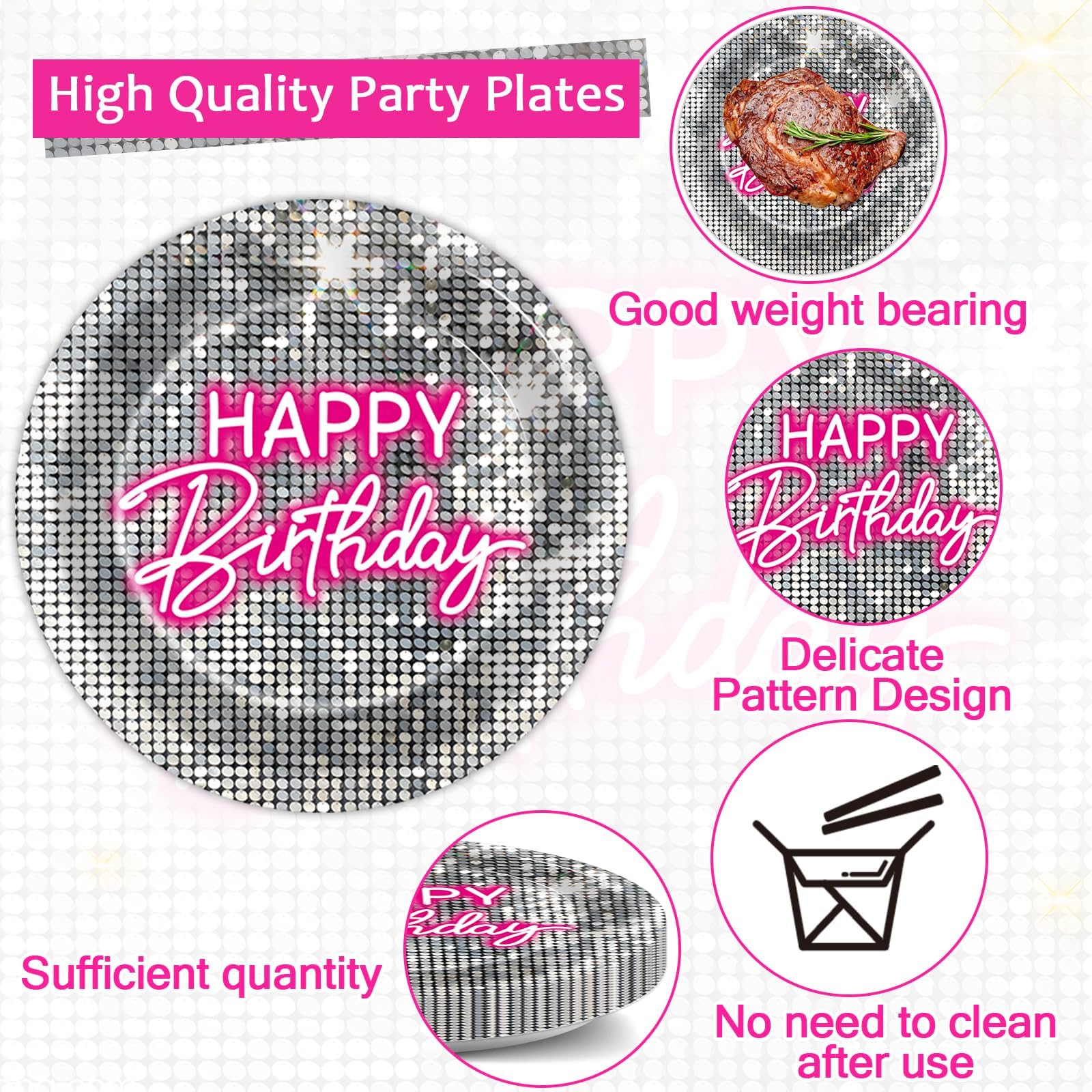 96PCS Silver Sequins Pink Neon Birthday Paper Plates and Napkins