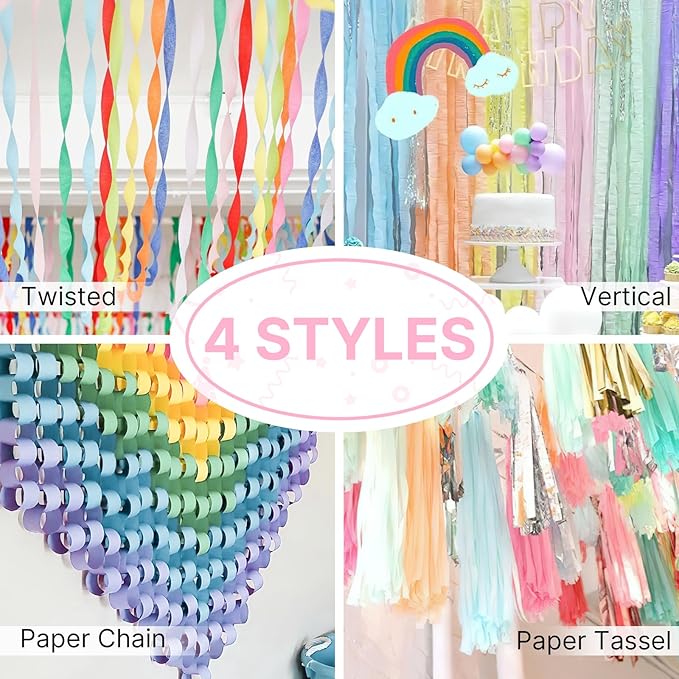 PartyWoo Pastel Crepe Paper Streamers 4pcs 328ft Pack of Pastel