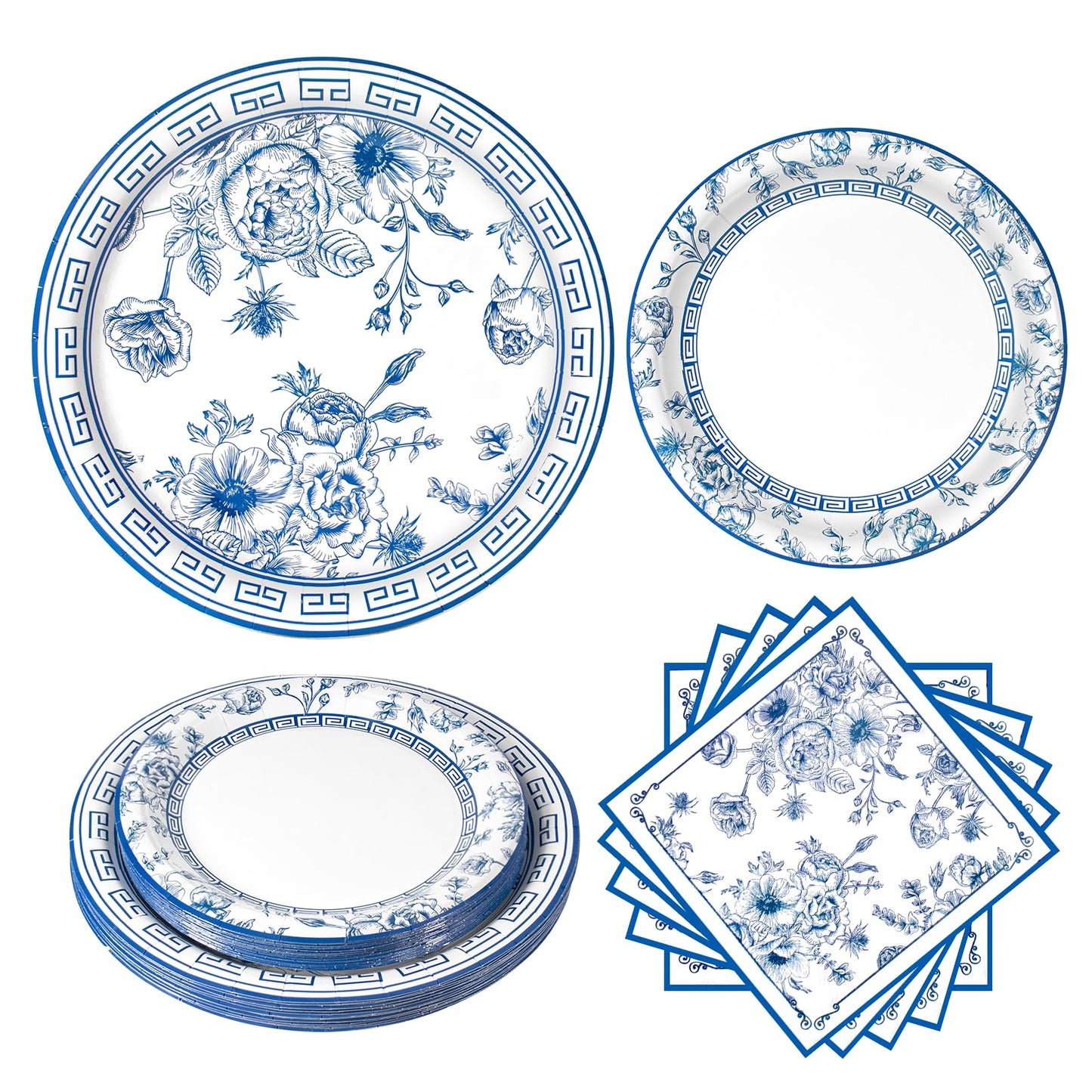 60Pcs Blue White Floral Party Supplies,Blue and White Floral Paper