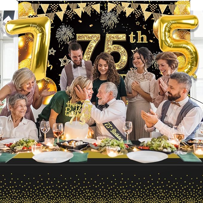 75th Birthday Decorations Men Women with 75th Birthday Banner Black