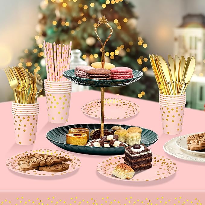 Sylken 186 Pieces pink and Gold Party Tableware Set - 25 Guests Paper